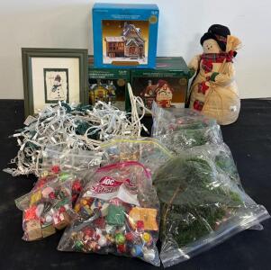 Mixed Christmas Village Decor: Santa&rsquo;s Workbench Houses, Ornaments, Snowman, Lights