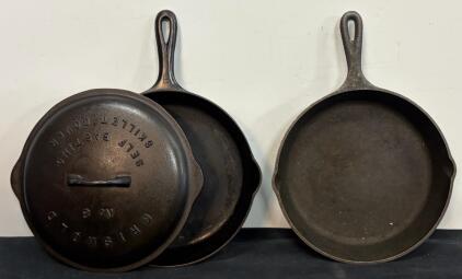 Griswold No. 8 Cast Iron Skillet 704S with Lid & Lodge 8SK Skillet USA, 10.5 Inch Vintage Set
