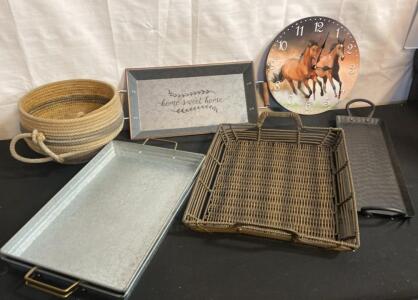 Mixed Lot: Metal & Wicker Trays, Rope Basket, Wall Clock, "Home Sweet Home" Sign, 5 Pieces