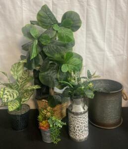 Assorted Faux Plants Set: Fiddle Leaf Fig, Dieffenbachia, Succulents + Metal Bucket, 12" Tall