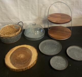 Rustic Farmhouse Serving Set: 2-Tier Wood/Metal Stand, Tree Slice Board, Plates, Baskets, Cloche, 8pc