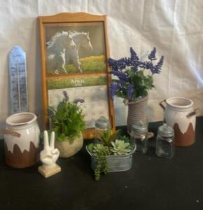 Rustic Home Decor Lot: 2026 Horse Calendar, La Crosse Thermometer, Ceramic Jars, Faux Plants