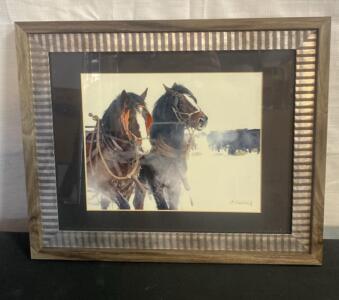 C. Baldauf Signed Watercolor Print - Draft Horses Ranch Scene, Framed, 17&rdquo;x14"