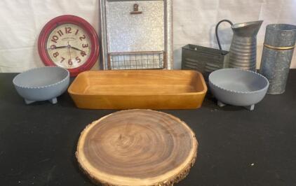 Farmhouse Decor Lot: Wall Clock, Wood Trays, Galvanized Memo Board, Planters, Pitcher, Organizer