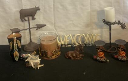 Western Cowboy D&eacute;cor Lot: Boot Candle Holders, Horseshoe/Spur, Antler Votive, Horse Figurine
