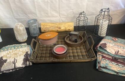 Assorted Decorative Home D&eacute;cor Lot &ndash; Spalted Wood Jewelry Box, Wire Candle Holders, Salt Lamp, Woven Tray
