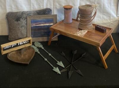 Rustic Home Decor Lot: Wood Lap Tray, WoodWick Candle, Basket, Pillow, Metal Arrow Wall Decor
