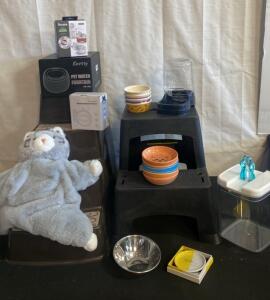 PurrrFect Lot - Large Cat Supplies Lot: Kastty 3.5L Fountain, Pet Steps, 10 Bowls, Dispensers, Toys