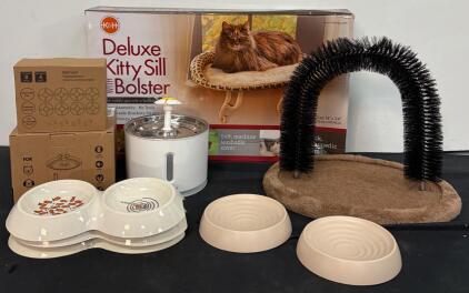 Bulk Lot of Cat Accessories &ndash; Window Perch, Water Fountains, Bowls, Grooming Arch