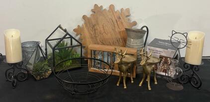 Home Decor Lot &ndash; 12pc Assortment: Candle Holders, Terrariums, Wood Signs, Metal Pitcher, Fragrance Warmer