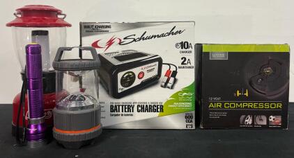 Automotive Emergency Kit: Schumacher SC1300 10A Charger, 12V Air Compressor, Coleman Lanterns, LED Flashlight