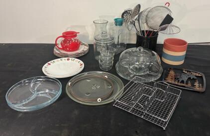 Large Mixed Kitchenware Lot: Plates, Glass Jars, Cake Dome, Utensils, Teapot, Decor, 23 Pieces
