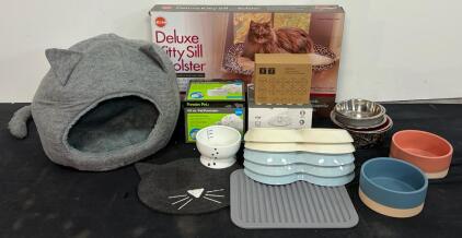 Assorted Cat Care Bundle: K&H Kitty Sill, Premier Pet Fountain, Bowls & More