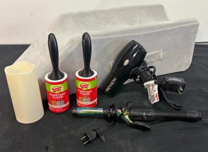 Revlon Hair Dryer, Iridescent Curling Iron, 2 Scotch-Brite Lint Rollers, Wedge Pillow & LED Candle