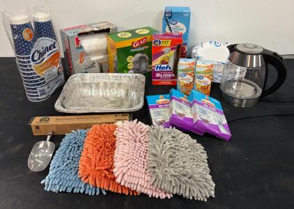 Bulk Lot: Chefman 1.8L Kettle, Chinet Cups/Plates, Freezer/Storage Bags, Gloves, Cleaning Mitts