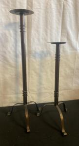 Pair of Wrought Iron Floor Candle Holders with Tripod Base and Ring Accents 36 and 21&rdquo;