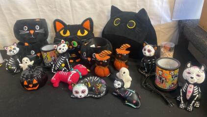 Halloween & Day of the Dead Decor Lot &ndash; Cat Plush, Skeleton Figurines, Pumpkin Jar, Ghosts (18pcs)