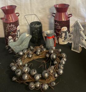 Christmas Decor Set: Jingle Bell Wreath, Snowman Milk Cans, Metal Sleigh, Pitcher, Lantern, Tree