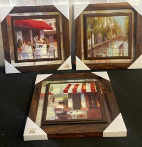 Set of 3 Framed Parisian Caf&eacute; Street Scene Prints with Dark Wood Frames 16&rdquo;x16&rdquo;