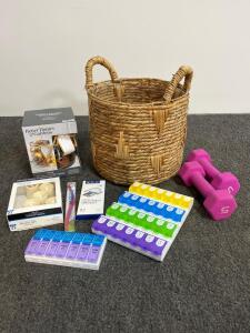 Mixed Lot: 5 lb Pink Dumbbells, Wicker Basket, Fragrance Warmer, LED Candles, Pill Organizers