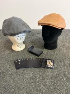 Christys' London Grey Wool Flat Cap & Bailey Hollywood Tan Leather Flat Cap, XL, w/ Black Card Deck