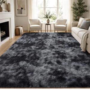 Large PLHXFR Fluffy Shag Area Rug, Gray/Black, 8x10 ft, 1.8in Pile, Non-Slip, Machine Washable