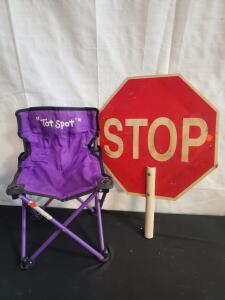Tot Spot Folding Kids Camp Chair, 18in Handheld STOP Sign, Purple, Lightweight, Portable