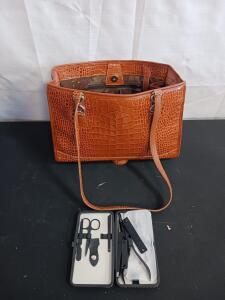 Zanellato Crocodile-Embossed Brown Tote Handbag, Serial A492582, Includes Manicure Kit