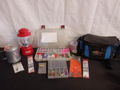 Flambeau Pro-Angler Soft Tackle Bag with Coleman Lantern and Assorted Fishing Gear