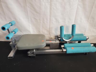 Commercial Leg Stretch Machine, Adjustable, Padded Rollers, Silver Frame, Blue Foam, Grey Seat