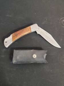 Folding Pocket Knife with Wood Handle, 3" Stainless Steel Blade, Lockback Mechanism, Includes Sheath