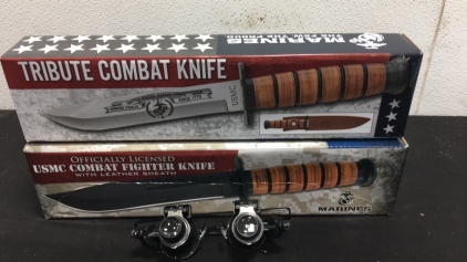 (1) Marines Combat Fighter Knife W/ Sheath, (1) Marines Tribute Combat Knife W/ Sheath, 20x Jeweler&rsquo;s /Watchmakers Illuminated Glasses.