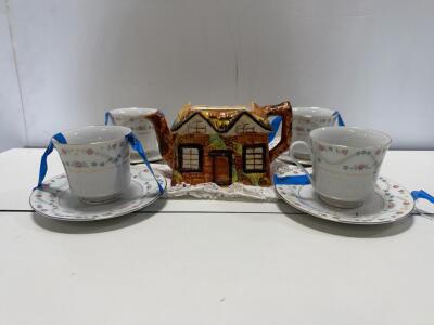 Price Bros. England Cottage Ware Teapot & S.H. China Porcelain Floral Teacups Set (8 Pc)