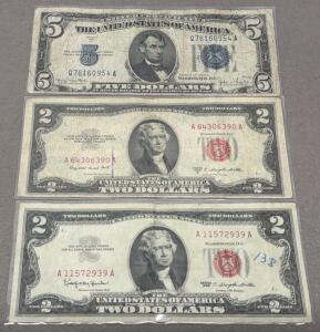 1934-D $5 Silver Certificate & 1953B/1963 $2 Red Seal Notes | Q76160954A, A64306390A, A11572939A
