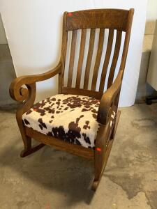 Mission Oak Rocking Chair with Slat Back and Cowhide Upholstery, Arts & Crafts Style, Scroll Arms