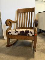 Mission Oak Rocking Chair with Slat Back and Cowhide Upholstery, Arts & Crafts Style, Scroll Arms - 2