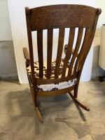 Mission Oak Rocking Chair with Slat Back and Cowhide Upholstery, Arts & Crafts Style, Scroll Arms - 4