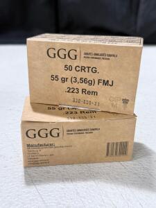 (2)GGG .223 Rem 55gr FMJ Ammunition, 50 Round Box, Lot 330-GGG-21, Brass Case, Non-Corrosive