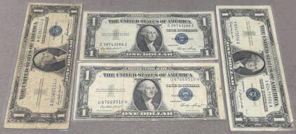 (4) U.S. $1 Silver Certificate Bills: 1935E, 1935F, 1957B, Blue Seal, Serial V60475556A, U67668510H