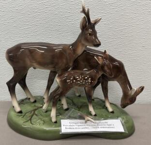 Keramos Wien Austrian Porcelain Deer Family Figurine, 1940s, 3 Piece, 11" Tall, Antler for Repair