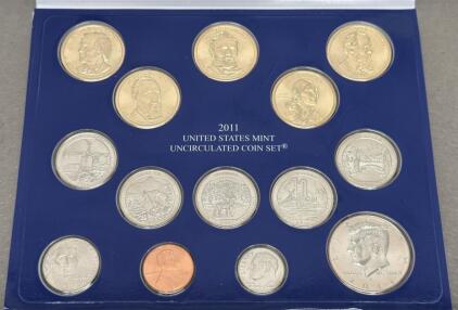 2011 US Mint Uncirculated Coin Set Philadelphia Panel, 14 Coins, Presidential Dollars, Quarters