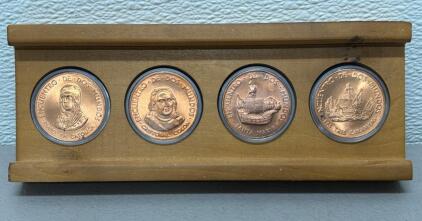 Official 1992 Caravel Bronze Coin Set, Spain Quincenntenial, Columbus/Isabel, 4 Coins, Boxed
