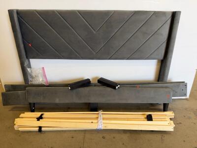 Modern Dark Grey Upholstered Bed Frame with Chevron Pattern