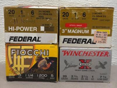 2 Complete Boxes, And 2 Partial Boxes. 20 Gauge Shotgun Ammo: Winchester, Federal, Fiocchi&mdash;Magnum, Lead & Steel, Assorted Loads