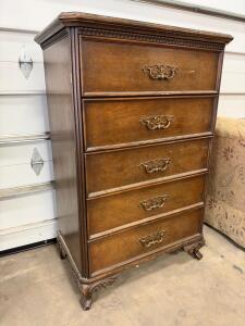 Vintage 5 Drawer Tall Chest, Ornate Carved Feet, Decorative Pulls, Brown Wood, approximately 52"x34"x18"