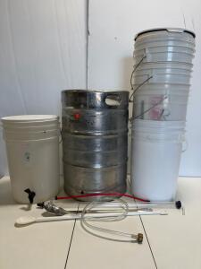 Homebrewing Set with 15.5 Gal Anheuser-Busch Stainless Keg, 5 x 6.5 Gal Buckets, Siphon, Spoons