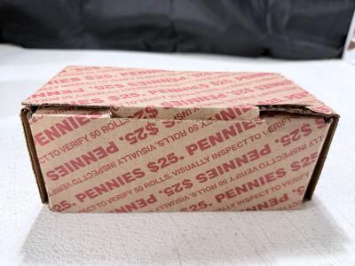 Bank Box of 2,500 Lincoln Pennies, 50 Rolls - U.S. Circulated Cents, N.F. String Box
