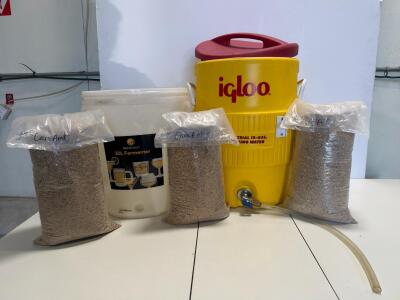 Igloo 10-Gallon Mash Tun w/ Valve, Brewcraft 30L Fermenter, (3) 10 lbs Specialty Malts (sealed) Included