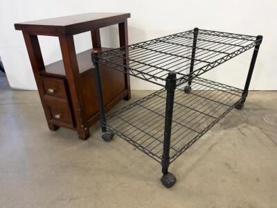 Wooden End Table with 2 Drawers and Open Shelf, Dark Brown Finish, 26"x14"x28", Rectangular plus Rolling Shlving Unit.