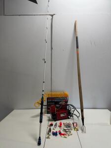 Penn Battle III LE 7' Spinning Rod, Lures, 3-Prong Fish Gig, SuperFlow MV-50 Air Compressor Bundle